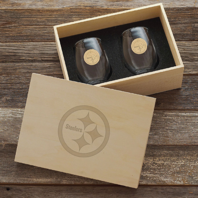 STATEN 2-Piece Stemless Wine Set w/Engraved Pine Box
